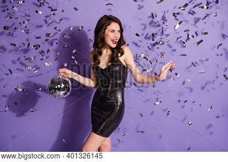 Portrait Of Lovely Cheerful Wavy-haired Girl Dancing Holding Disco Ball Chill Rest Isolated Bright V