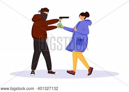 Armed Street Robbery Flat Color Vector Faceless Character. Burglar Threatening Woman With Gun. Thief