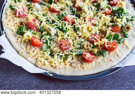 Plant-based Food, Vegan Flatbread Pizza With Cherry Tomatoes And Dairy-free Cheese