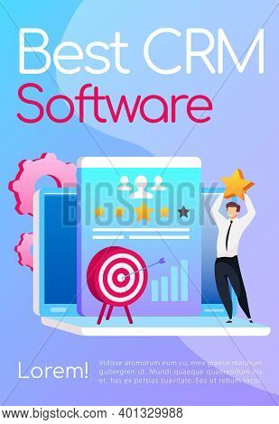 Best Crm Software Poster Flat Vector Template. Businessman Keeps Star. Arrow In Target. Brochure, Bo