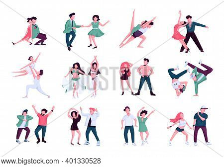 Partner Dance Flat Color Vector Faceless Characters Set. Tango, Rumba, Contemp Male And Female Perfo