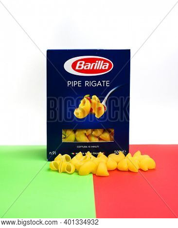 Prague, Czech Republic- July 29, 2020. Barilla is an Italian food company was founded as a bakery shop in Parma, Italy by Pietro Barilla           