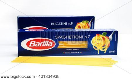 Prague, Czech Republic- July 29, 2020. Barilla is an Italian food company was founded as a bakery shop in Parma, Italy by Pietro Barilla           