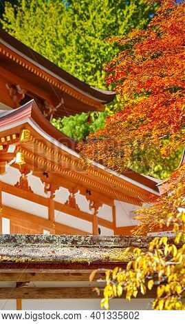 Japanese Traveling. Wing Of Traditional Shrine On Koyasan Mountain In Japan In Fall Season.