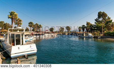 Marmaris, Akyaka, Turkey - November 2020: Boats With A View Of Azmak River Of Akyaka Village