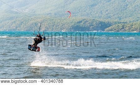 Marmaris, Akyaka, Turkey - November 2020: Unidentified Person Kitesurfing In Akyaka Of Marmaris Town