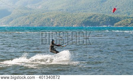 Marmaris, Akyaka, Turkey - November 2020: Unidentified Person Kitesurfing In Akyaka Of Marmaris Town