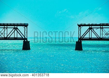 The Old Bridge Between Key West Islands In Florida With Cyan Carribean Sea
