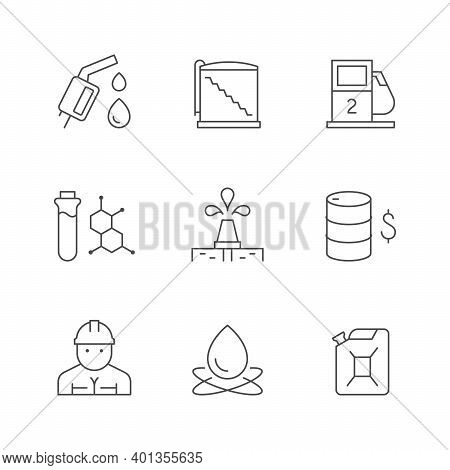 Set Line Icons Of Oil Industry Isolated On White. Rig Or Derrick, Gas Pump, Barrel, Worker, Storage 