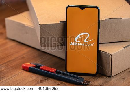 Kazan, Russia - December 29, 2020: Illustrative Photo Of Alibaba Logo On The Screen Smartphone. Alib