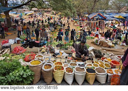 Chariduar. Eastern India. January 31, 2016. The Roadside Food Market Sells A Huge Variety Of Vegetab