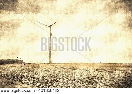 Windmill Turbine On Blue Sky. Wind Energy. Modern Green Power In Rural Environment Calotype Filter. 