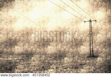 Single Electric Pole Against Background Of Sky And Clouds In Field Of Cereals And Dirt Road.  Caloty