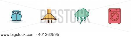 Set Ship, Kitchen Extractor Fan, Storm And Washer Icon. Vector