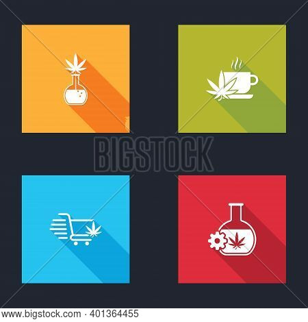 Set Test Tube With Marijuana, Cup Tea, Shopping Cart And Icon. Vector
