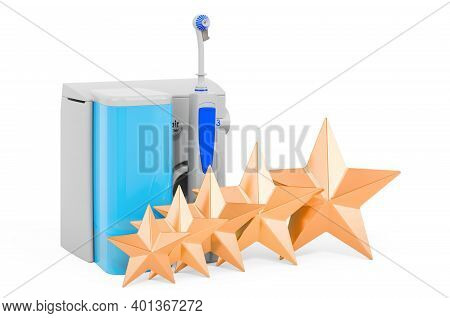 Customer Rating Of Oral Irrigator, Portable Water Flosser. 3d Rendering Isolated On White Background