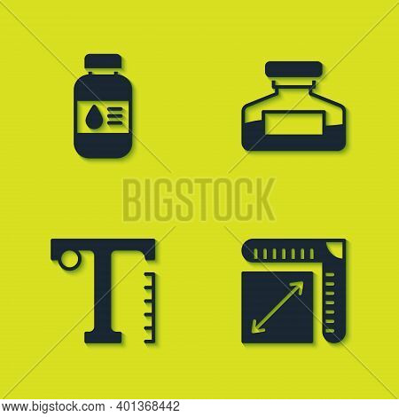 Set Printer Ink Bottle, Paper Size, Text And Ink Icon. Vector