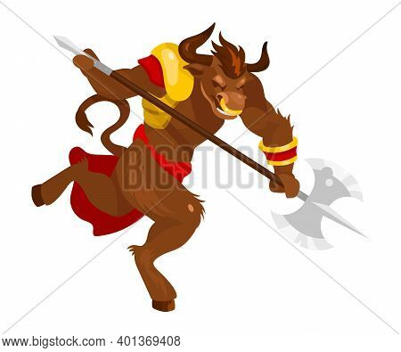 Minotaur Flat Vector Illustration. Mythological Creature With Battleaxe. Fantastical Bull Beast With