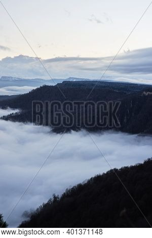 Low Clouds, View Of Winter Forest And Mountains From Observation Deck, Vertical Picture Of Amazing N