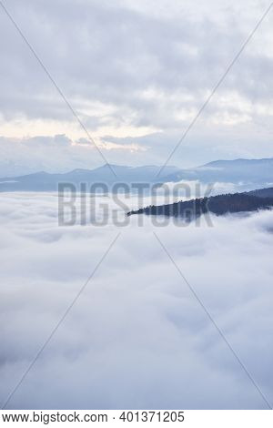 Low Clouds, View Of Winter Forest And Mountains From Observation Deck, Vertical Picture Of Amazing N