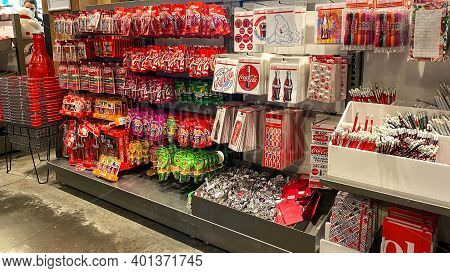 Orlando, Fl Usa - February 15, 2020:  Toys, Lip Smacker, Stickers, Pens And Pencils With The Coca Co