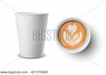 Vector 3d Realistic Paper, Plastic White Disposable Coffee Cup With Milk Coffee, Flower, Heart Patte
