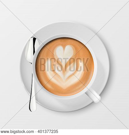 Vector 3d Realistic White Porcelain Ceramic Mug, Milk Coffee, Foam, Flower, Heart Pattern. Steel Sil