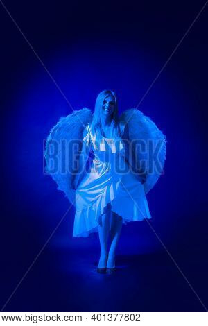 Angel Woman In Neon Light. Cupid Girl In Valentine Day. Valentines Angel Girl. Valentines Day Cupid.