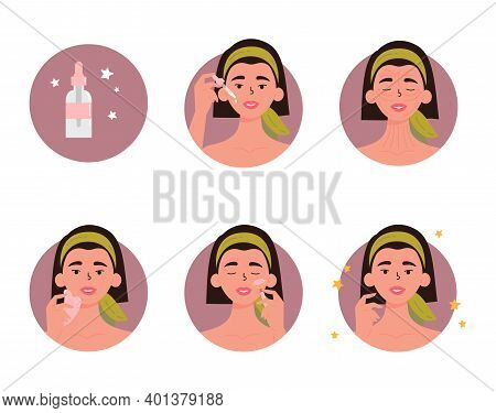 Woman With Bottle Of Face Oil, Facial Gua Sha Stone And Roller. Instructions For Facial Massage With