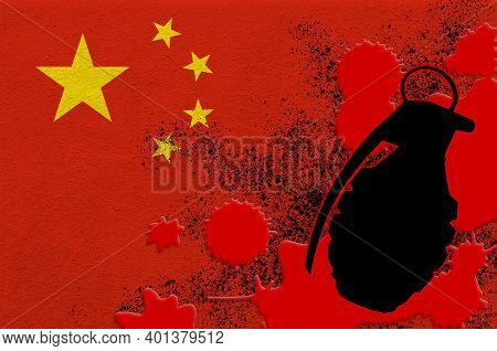 China Flag And Mk2 Frag Grenade In Red Blood. Concept For Terror Attack Or Military Operations With 