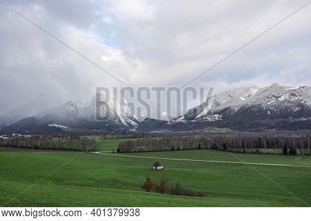 Winter Landscape With Snow Covered Grimming Mountain In Ennstal, Steiermark, Austria
