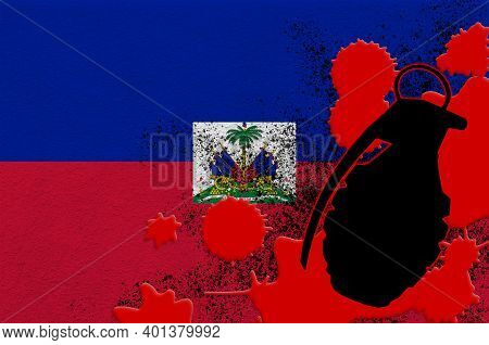 Haiti Flag And Mk2 Frag Grenade In Red Blood. Concept For Terror Attack Or Military Operations With 