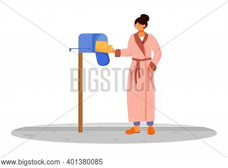 Woman In Bathrobe Receives Post Flat Color Vector Illustration. Getting Parcels From Mailbox. Delive