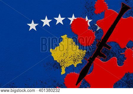 Kosovo Flag And Black Rpg-7 Rocket-propelled Grenade Launcher In Red Blood. Concept For Terror Attac