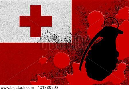 Tonga Flag And Mk2 Frag Grenade In Red Blood. Concept For Terror Attack Or Military Operations With 