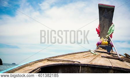Head View Of A Long Tail Boat  Looking Out Into The Sea. A Long-tailed Speed Boat Taking Tourist Out