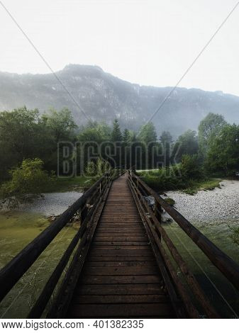 Low Clouds Fog Misty Mood Forest Wooden Bridge At Clear Calm Alpine Mountain Lake Bluntausee River S
