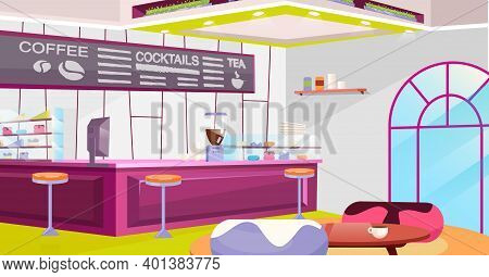 Coffeehouse Interior Flat Vector Illustration. Cozy Cafe With Trendy Chairs, Tables And Vintage Arch