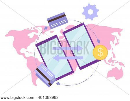 Global Payment System Flat Vector Illustration. International Financial Credit Cards Transaction Car