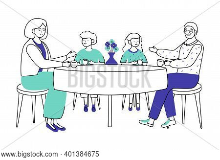 Retired People Flat Vector Illustration. Children Came To Visit Elderly Relatives. Family Pastime. G