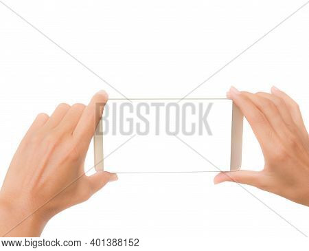 Mock Up Mobile Concept. Hand Woman Holding Mobile Blank Tuchscreen For Add Text. Isolated On Withe B