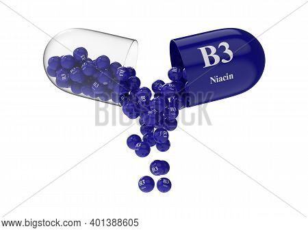 Open Capsule With B3 Niacin From Which The Vitamin Composition Is Poured. Medical 3d Rendering Illus