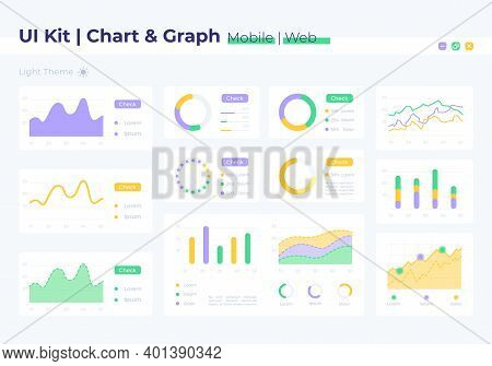 Graph Ui Elements Kit. Finance Report, Statistic Analysis. Chart Isolated Vector Icon, Bar And Dashb
