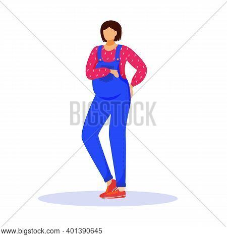 Pregnant Woman Flat Vector Illustration. Prenatal Expectation. Waiting For Baby. Standing Brunette C