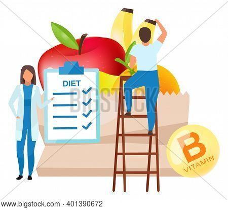 Dietitian Food Recommendations Flat Vector Illustration. Female Doctor Adding Fresh Fruits To Daily 