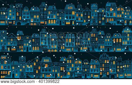 Vector Seamless Background With Townhouses And Falling Snow. Hand-drawn Winter Houses In European St