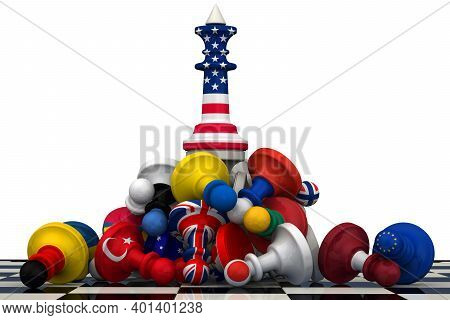 The Dominance Of The Usa In Geopolitics. Chess Figure - Pawn In The Us Flag Colors On The Top Of A P