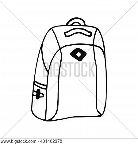Hand Drawn Vector Camping Backpack Clip Art. Isolated On White Background Drawing For Prints, Poster