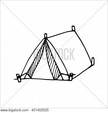 Hand Drawn Vector Camp Tent Clip Art. Isolated On White Background Drawing For Prints, Poster, Cute