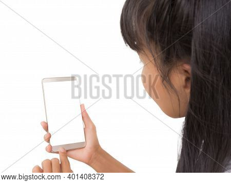 Mock Up Mobile Concept. Close Up Hand Woman Holding Mobile Blank Tuchscreen For Add Text. Isolated O